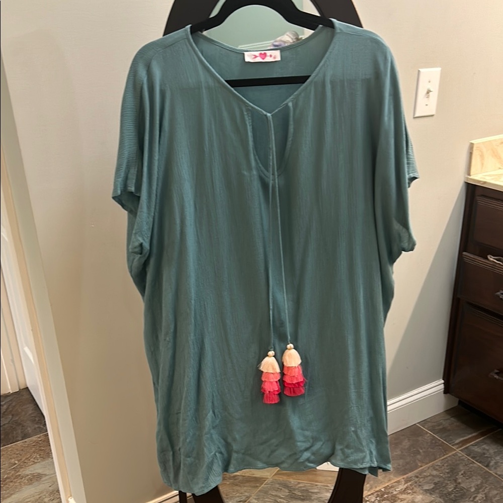Buddy Love Teal Swimsuit Coverup with Pink Tassels